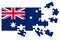 A jigsaw puzzle with a print of the flag of Australia, some pieces of the puzzle are scattered or disconnected. White isolated