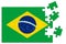 A jigsaw puzzle with a print of the flag of Brazil, some pieces of the puzzle are scattered or disconnected. Isolated background.
