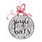 Jingle bells calligraphic hand drawn lettering. Christmas and New Year background with red bow and bell. Design element