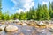 Jizera river full of granite rocks on sunny summer day, Jizera Mountains, Czech Republic