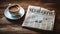 Job classifieds ads newspaper and coffee cup on wooden table. Jo