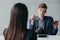 Job interview contemptuous young hr manager