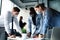 Job interview with the employer, business team in medical masks listen to candidate answers