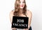 Job vacancy written on virtual screen. technology, internet and networking concept. beautiful woman with bare shoulders