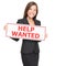Job woman hiring holding help wanted blank sign