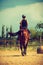 Jockey girl doing horse riding on countryside meadow