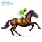 Jockey on horse. Champion. Horse racing. Hippodrome. Racetrack. Jump racetrack. Horse riding. Racing horse coming first