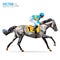 Jockey on horse. Champion. Horse racing. Hippodrome. Racetrack. Jump racetrack. Horse riding. Racing horse coming first