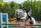 Jockey jumps over a hurdle