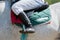 Jockey leg closeup sitting on racing horse