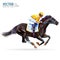 Jockey on racing horse. Champion. Hippodrome. Racetrack. Jump racetrack. Horse riding. Vector illustration. Derby