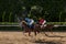 Jockey riding a horse racing on the racetrack first victory winner breaks out ahead,