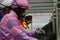 Jockeys line up in the starting gate