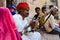 Jodhpur, Rajasthan, India, circa 2020. Sarangi player performing in his traditional dress and head gear pagdi in Rajasthan as