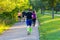 Jogger runs along the Lake of the Isles trail in Minneapolis