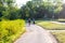 Jogger runs along the Lake of the Isles trail in Minneapolis