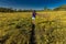 Jogger runs through Super Bloom spring flowers off Shell Creek Road, San Luis Obisbo County, California