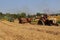 John Deere and International combines harvesting wheat