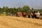 John Deere and International combines harvesting wheat