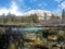 John Muir Wilderness trail in the Eastern Sierra Nevada Mountains in California. Heart Lake, with a split underwater / above water