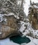 Johnston Canyon Lower falls during a frosty and snowy day, bow river, alberta Canada