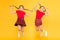 Join celebration. Cheerful friends schoolgirls jumping yellow background. Celebrate holiday. Scottish holiday. Kids girl