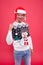 Join feast. Christmas concept. Happy guy in sweater celebrate winter. Winter sale. Diving into christmas mood. Handsome