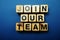 Join our team alphabet letters on blue background