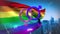 Joined male and female gender with rainbow flag on rainbow flag and cityscape background