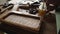 A joiner applies the wood impregnation to the walnut board with a brush. artisan makes a tray. vagatabon