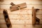 Joiner tools on wood table background with