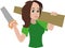 Joiner. Woman carpenter. Woodwork. Feminism. Girl in a green T-shirt with a saw and a blackboard