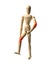 Joints ache concept. Wood doll person walking with pain in elbow and knee. Wood mannequin in motion, going