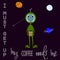 Joke illustration about coffee. Sleepy foreigner Universe Space Star moon alien cosmos graphic design typography element