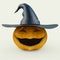 Joker face pumkin on halloween smile and the witch hat on t