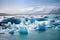 Jokulsarlon, the largest ice lagoon in Iceland with floating icebergs. Glacier lake with icebergs