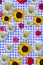 Jolly blue red whute yellow background with flowers and buttons