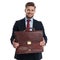 Jolly businessman holding his briefcase and smiling