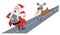 Jolly Christmas Santa running away from a reindeer.