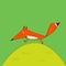 Jolly Fox runs across the grass amusing cartoon style illustration green background