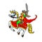 Jolly knight with a sword on a prancing horse. Sitting cartoon character in a red flowing cloak. Vector illustration