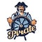 Jolly pirate at the helm of ship. vector illustration