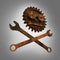 Jolly rodger made of rusty wrenches and gearwheels, fallout post apocalyptic style mechanic emblem render side view