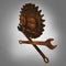 Jolly rodger made of rusty wrenches and gearwheels, fallout post apocalyptic style mechanic emblem render side view