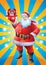 Jolly Santa claus holding christmas present sun rays background