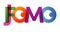 JOMO FOMO word vector illustration. Joy Fear Of Missing Out. Colored rainbow text. Vector banner. Corporate concept