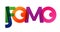 JOMO FOMO word vector illustration. Joy Fear Of Missing Out. Colored rainbow text. Vector banner. Corporate concept
