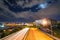 The Jones Falls Expressway at night, in Baltimore, Maryland