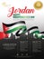Jordan happy independence day background with waving flag and silhouette city of jordan with award ribbon royalty. Template design