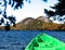 Jordan Lake Pond with autumn colors and green kayak